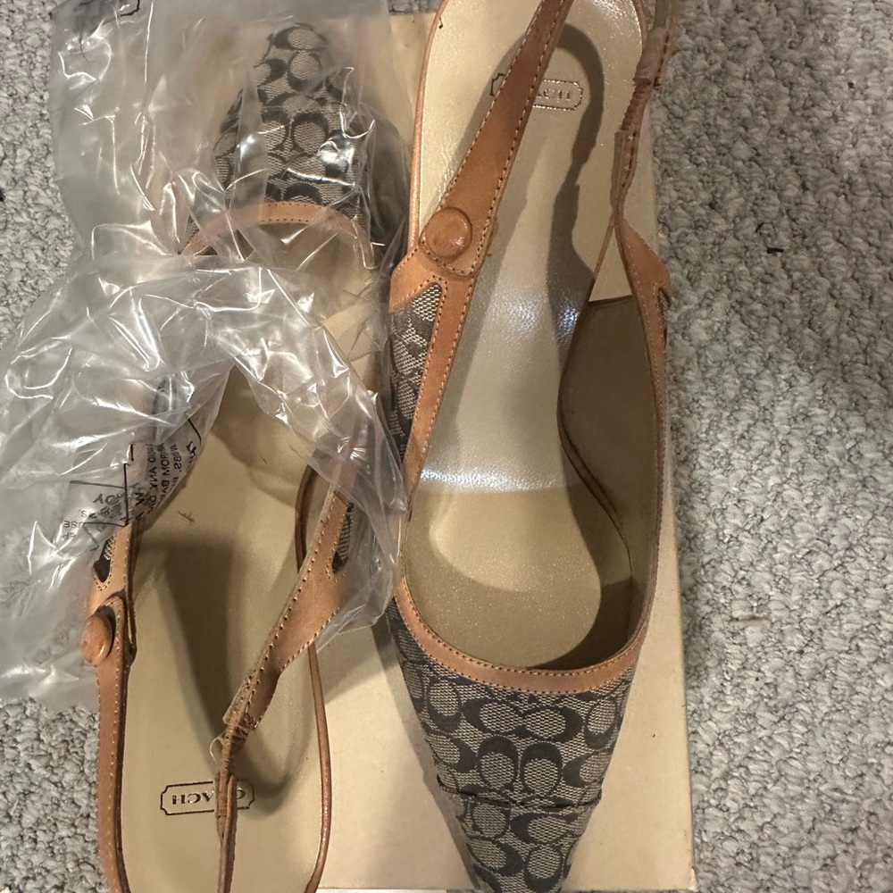 Coach Brown Signature Canvas Pointed Slingback Heels with Tan Trim